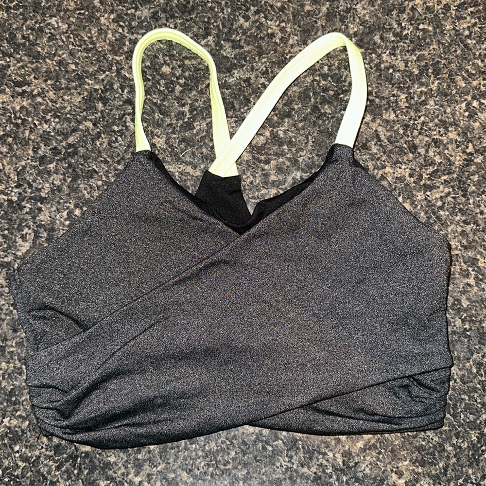 Kyodan (XS) gray sports bra with neon yellow straps.